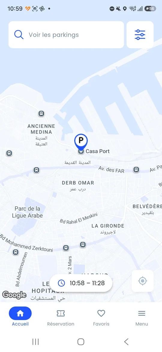 Écran eBlasa : parkings affichés sur la carte